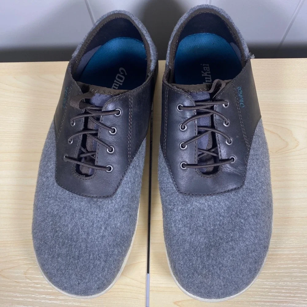 OluKai Nohea Moku Hulu Grey Wool Leather Drop-In Sneaker Shoes Men's 9.5‎